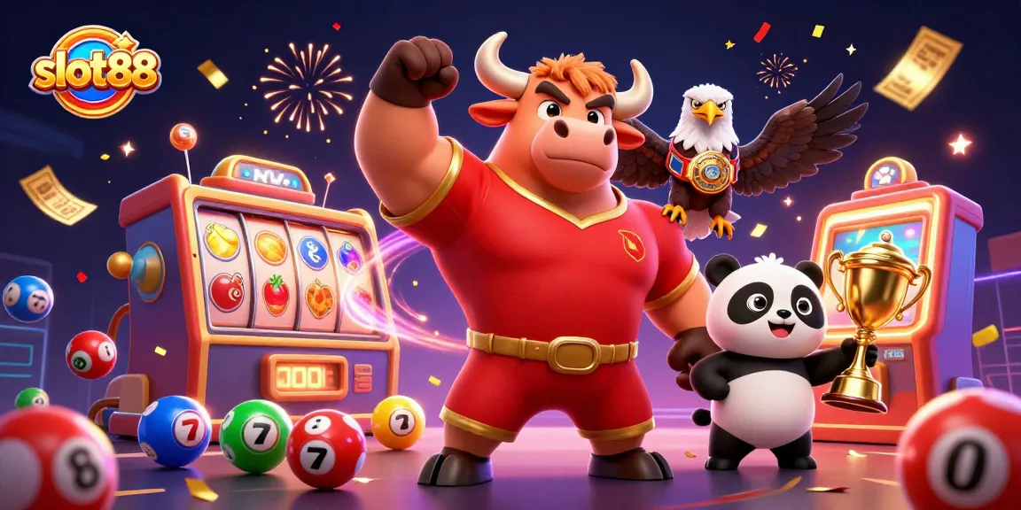 Slot88 menampilkan karakter kasino berenergi tinggi dengan simbol jackpot dan tiket emas di latar belakang meriah.