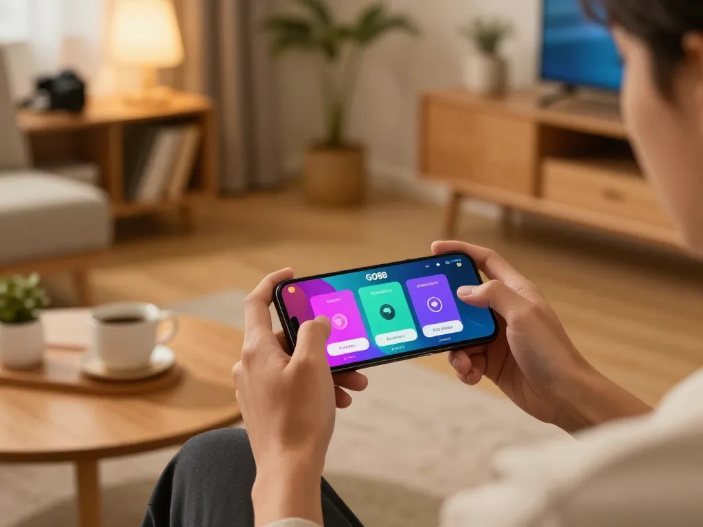TẢI GO88 on a smartphone in a cozy home gaming setup showcasing engaging gameplay.
