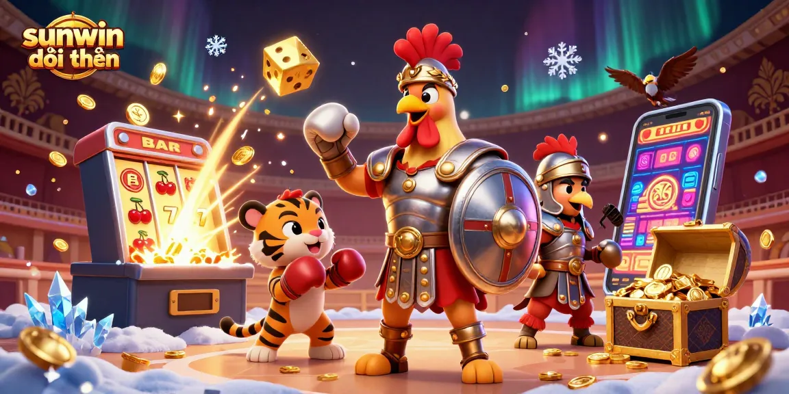 Experience the excitement of sunwin đổi thưởng with a dynamic 3D casino scene featuring a gladiator rooster and jackpot symbols.