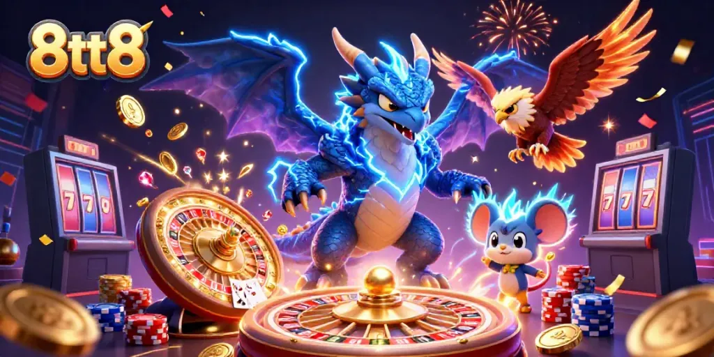 Experience the electrifying energy of 8tt8 with vibrant casino elements and dynamic characters.