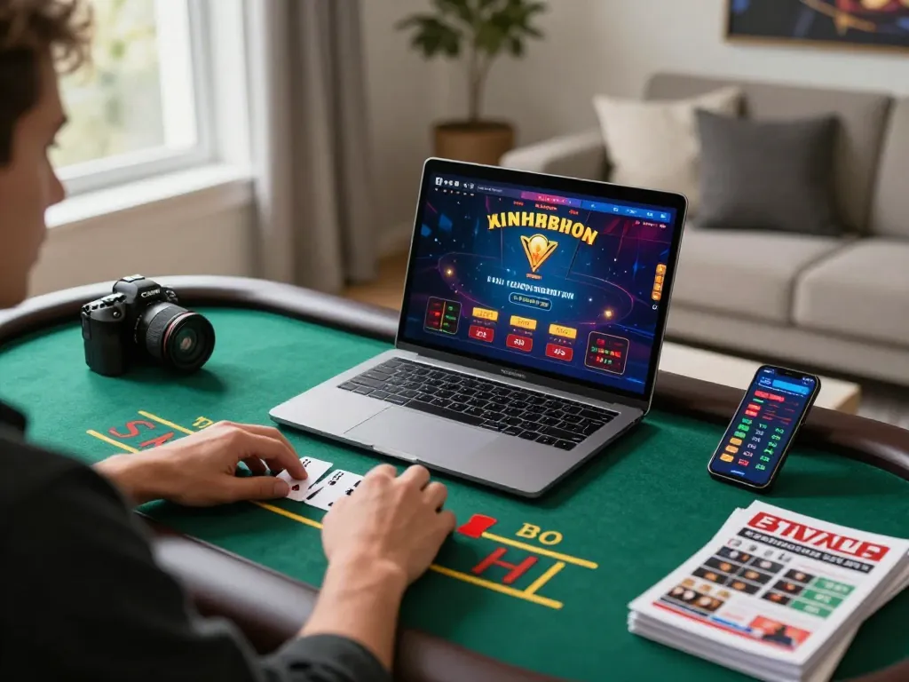 Player using jangkar55 for live dealer blackjack on a sleek laptop, filled with strategy guides and betting stats