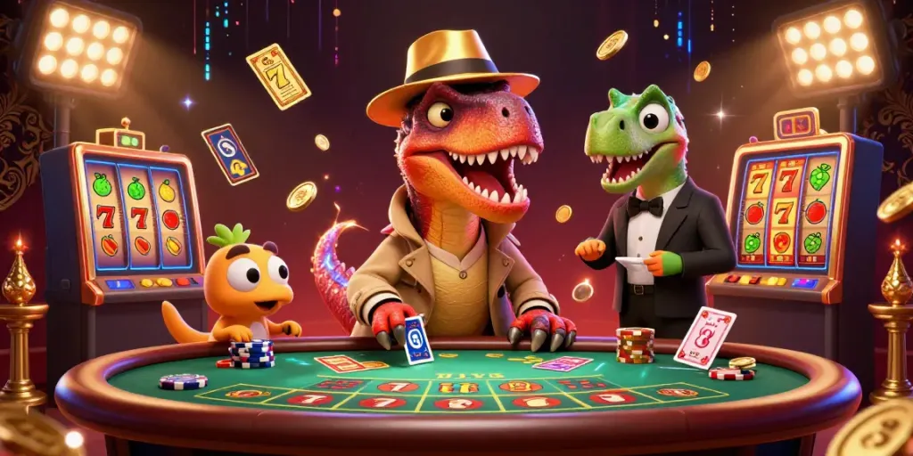 8S-themed illustration showcasing a velociraptor card counter in a casino setting surrounded by slot elements and vibrant action.