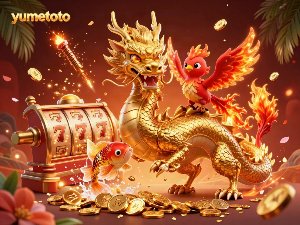 Experience thrilling gameplay with the powerful yumetoto dragon, red phoenix, and koi fish amidst vibrant casino elements.