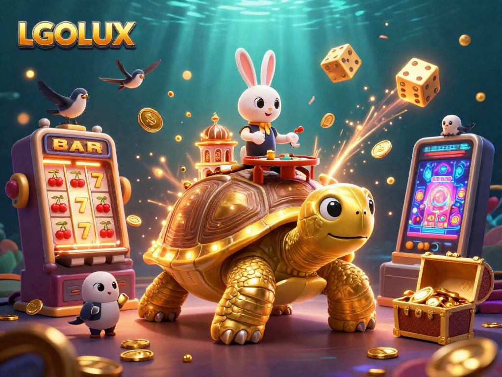Experience the vibrant world of LGOLUX with a cartoonish golden tortoise casino scene bursting with excitement.