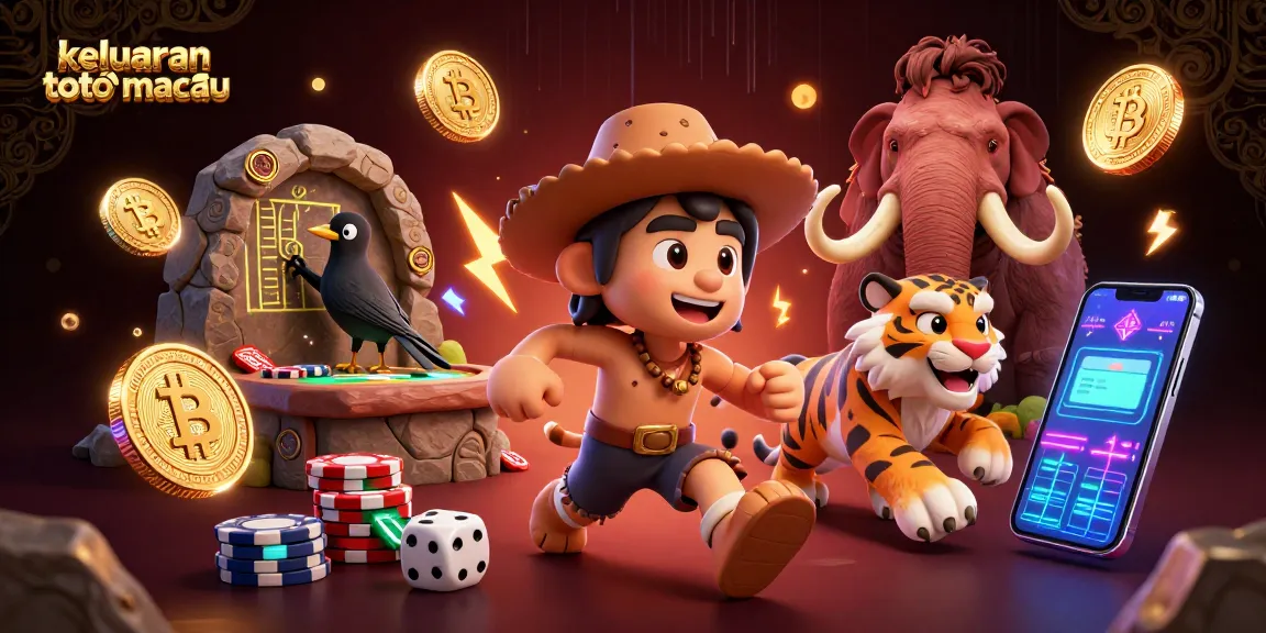 Menyajikan keluaran toto macau dengan visual menarik di sebuah kasino prasejarah, menampilkan kombinasi karakter unik dan elemen digital.