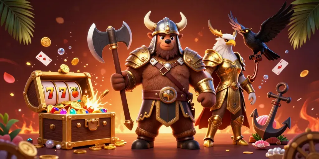 Experience the excitement of DN88 slots with a Viking berserker and Valkyrie in a vibrant casino scene.