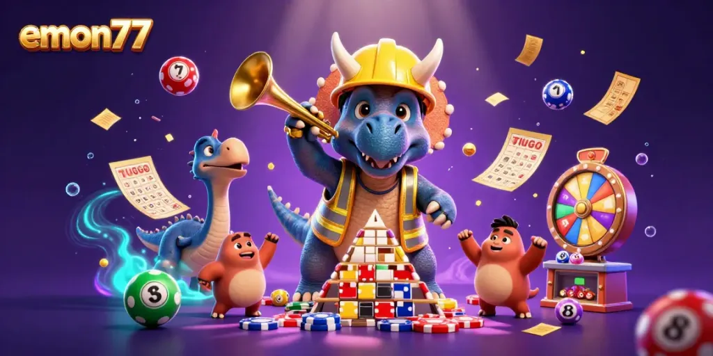 Experience thrilling casino action with emon77 as vibrant game characters celebrate jackpot wins.