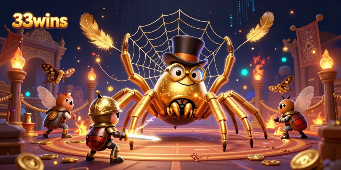 Engage with 33wins, showcasing a vibrant casino scene with a golden tarantula and beetle knight.