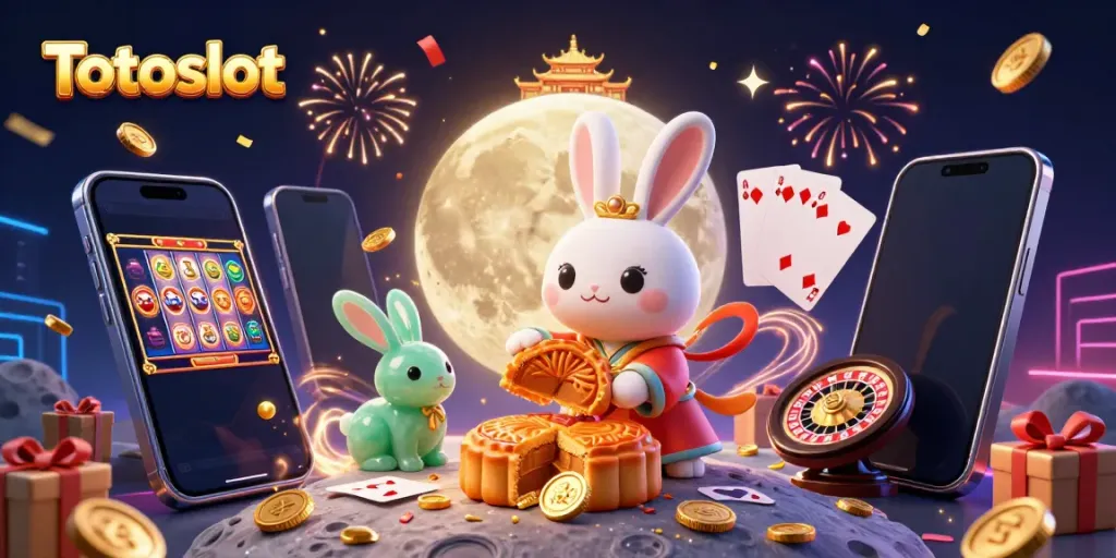 Slot dalam dunia Totoslot yang penuh energi dengan kelinci bulan, chip poker, dan elemen permainan