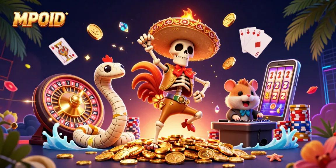 MPOID platform features vibrant characters celebrating wins in a dynamic casino scene bursting with action.