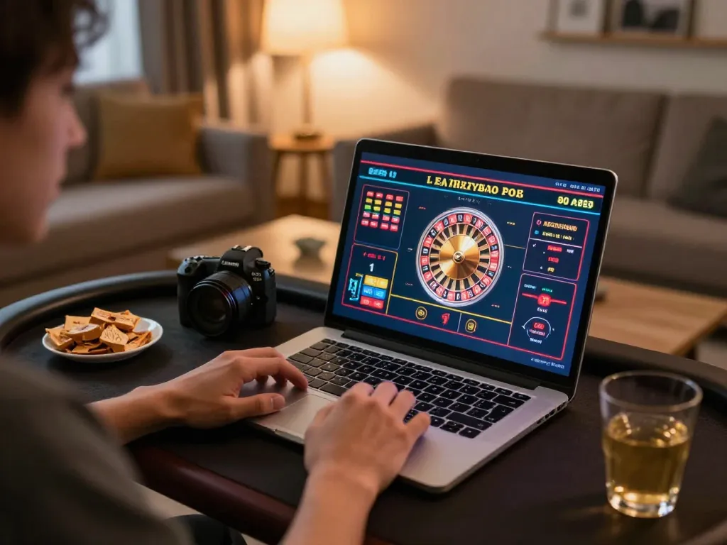 Player engaging with Sunwin live dealer on laptop, showcasing vibrant online gaming session and responsible gambling.