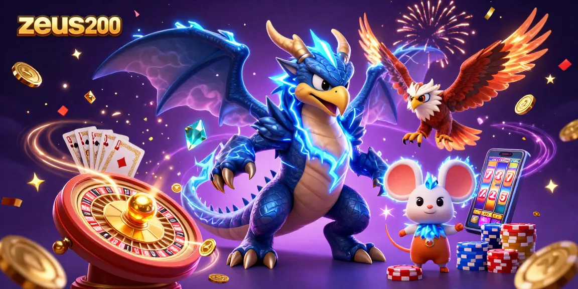 zeus200 merayakan kemenangan dengan naga petir dan simbol kasino bersinar