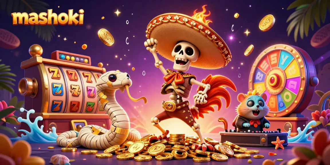 Mashoki-themed casino scene featuring dynamic slot reels and vibrant characters celebrating big wins.