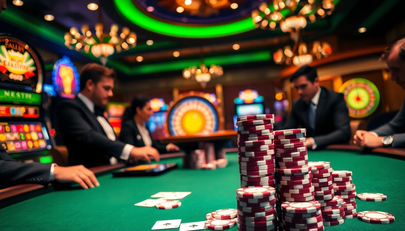 Engage in poker online at a luxurious casino table with vibrant poker chips.