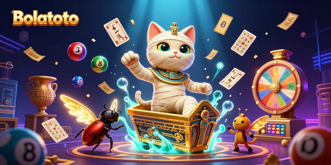 Engage in thrilling lottery action with Bolatoto's vibrant casino scene featuring an Egyptian mummy cat and dynamic gameplay elements.