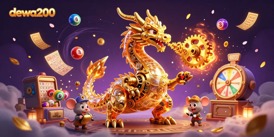 dewa200 menghadirkan ilustrasi kasino 3D penuh warna dengan naga emas dan elemen perjudian menarik.