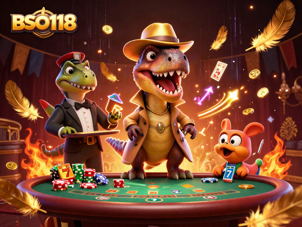 Engage with BSO118 in a vibrant casino scene featuring cartoon dinosaurs at a blackjack table.