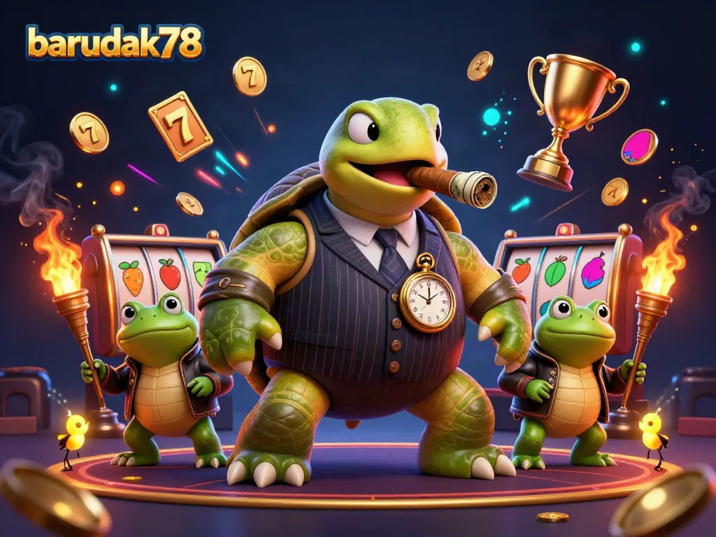 Barudak78 menggambarkan kasino dengan kura-kura dan katak di suasana slot yang ramai.