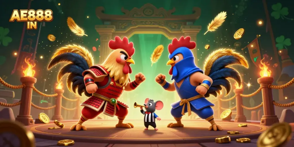 Experience thrilling action with AE888 IN as cartoon roosters engage in a dynamic standoff.