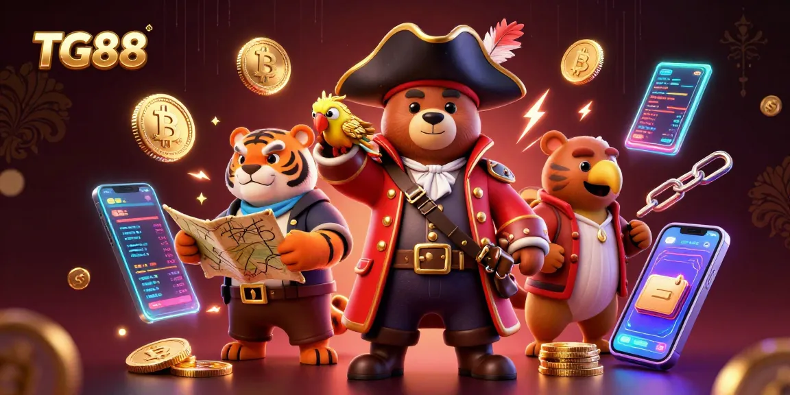 Join the adventure at TG88 with a pirate bear and his tiger friend, surrounded by exciting crypto casino elements.