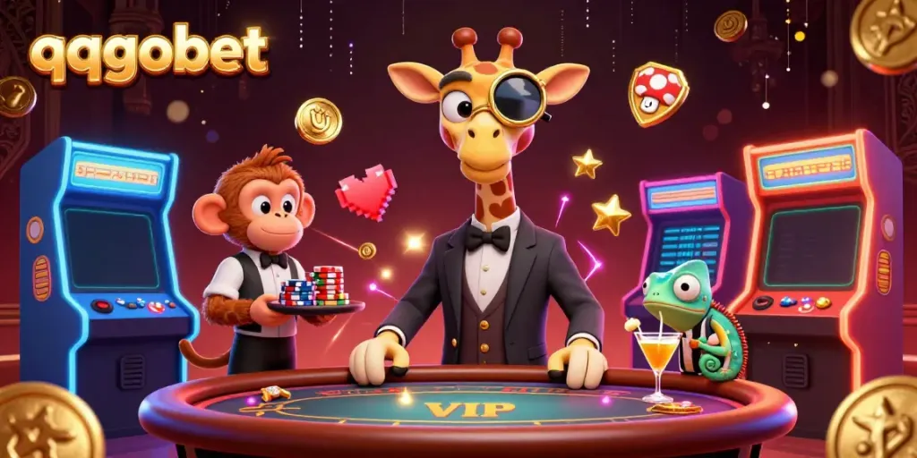 Gambarkan qqgobet dengan karakter unik di meja poker dan mesin permainan 3D yang berkilau.