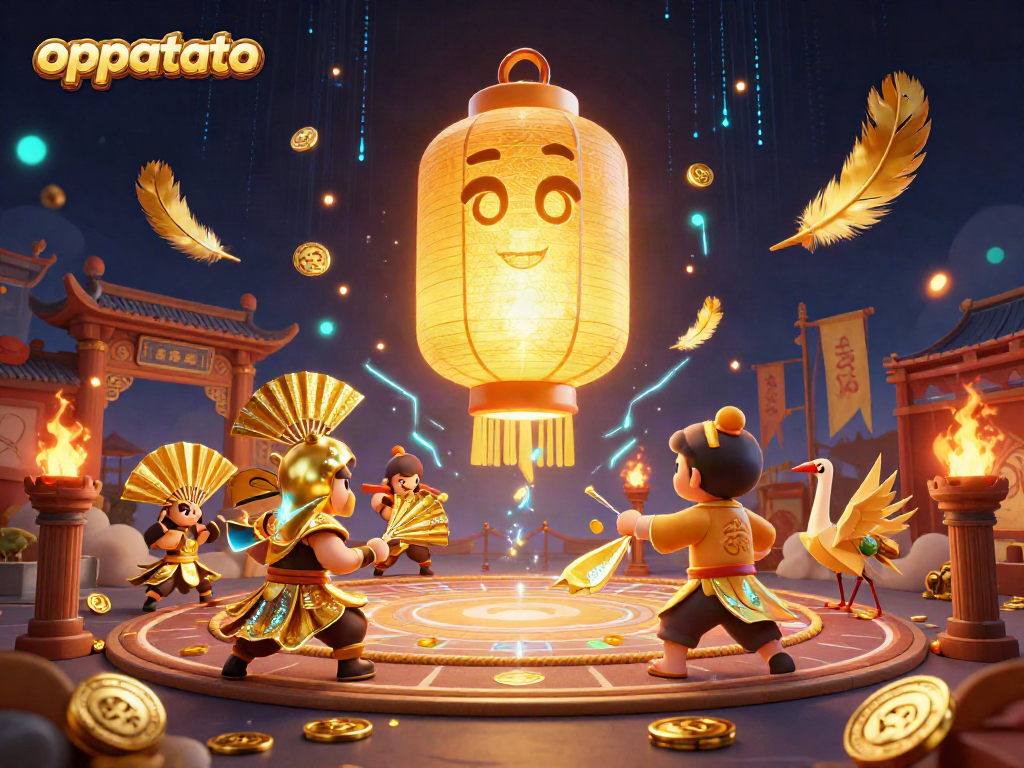 Engage in oppatoto gaming adventure with a vibrant lantern spirit and golden companions.