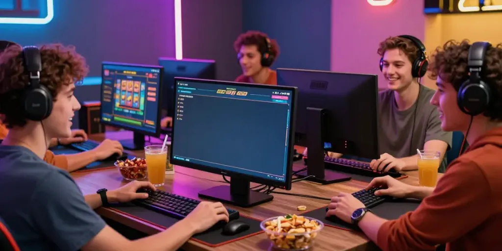 Sekelompok teman menikmati permainan slot88 dengan cahaya yang cerah dan makanan ringan.