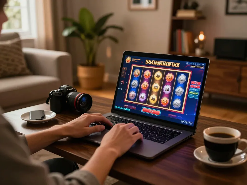 Engaging in online gaming at home on https://ck444s.net/ with vibrant slot interface on laptop.