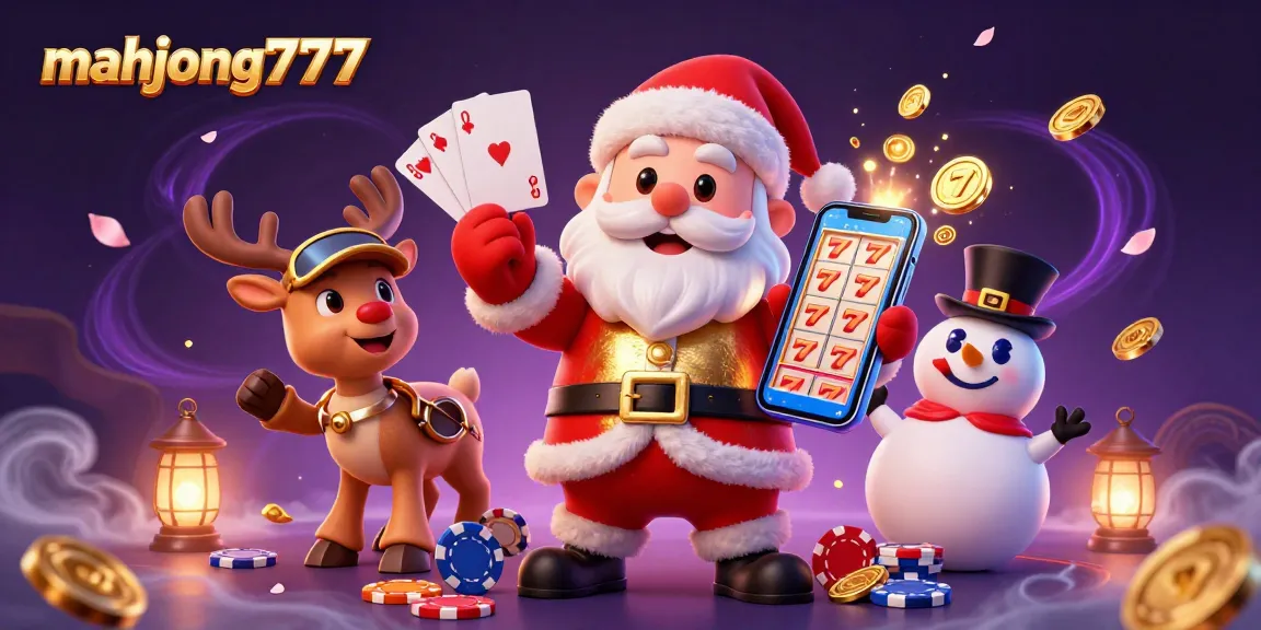 Engage in thrilling gaming action with mahjong777 as Santa spins jackpot slots on his smartphone amidst festive characters.