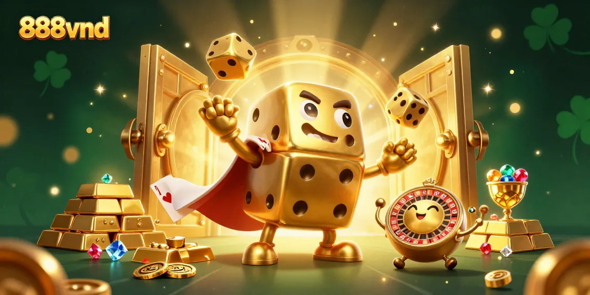 Experience the thrill of 888vnd with giant golden dice and treasures in a vibrant casino scene.