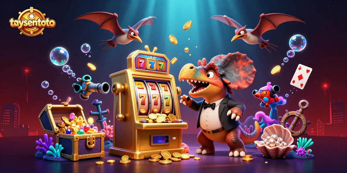 TAYSENTOTO menghadirkan suasana perjudian yang seru dengan dinosaurus dan mesin slot emas melepaskan koin jackpot.