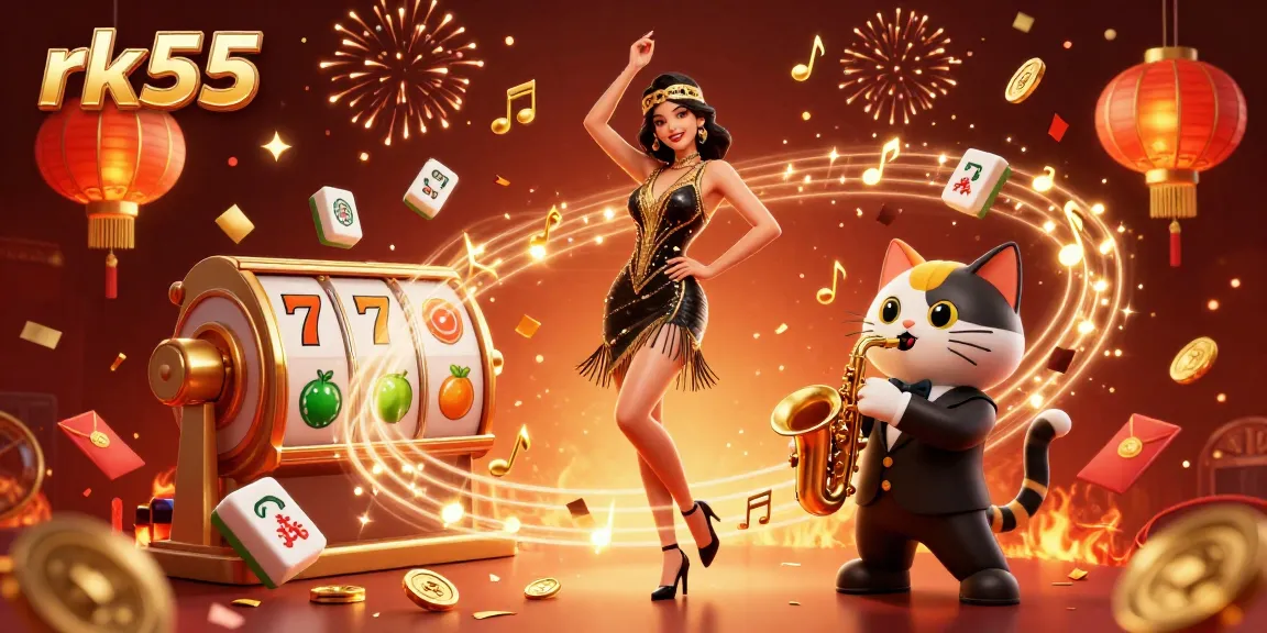 Experience thrilling wins with rk55 in this vibrant 3D casino illustration featuring lively characters and game elements.