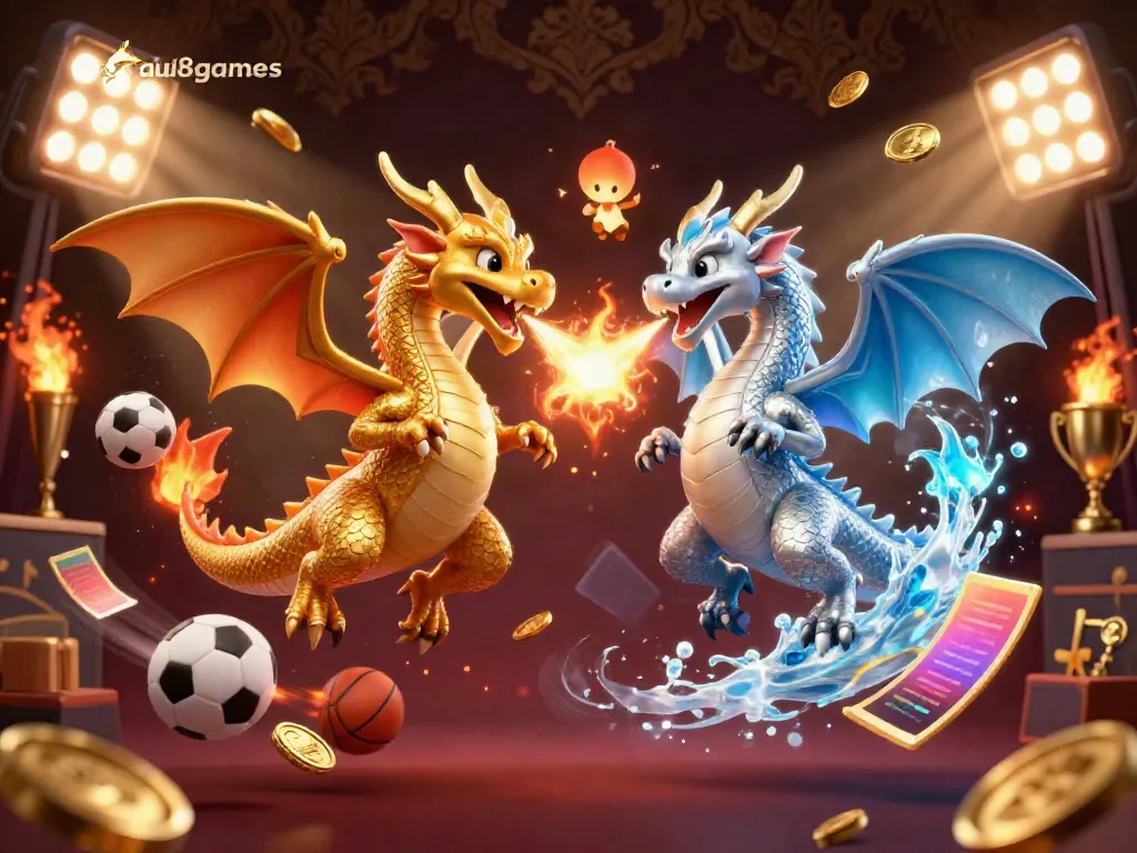 Experience thrilling adventures with au88games, featuring dynamic dragons, sports elements, and vibrant casino atmosphere.