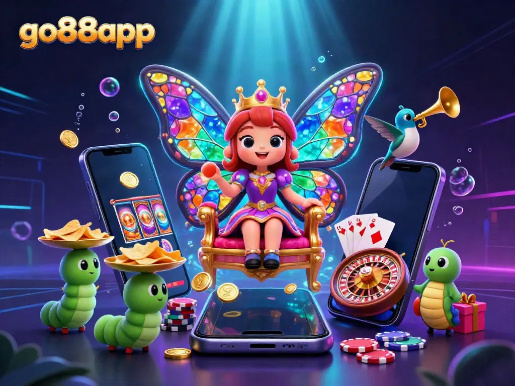 Engage with the vibrant world of go88app, showcasing 3D characters amidst casino excitement and captivating game elements.