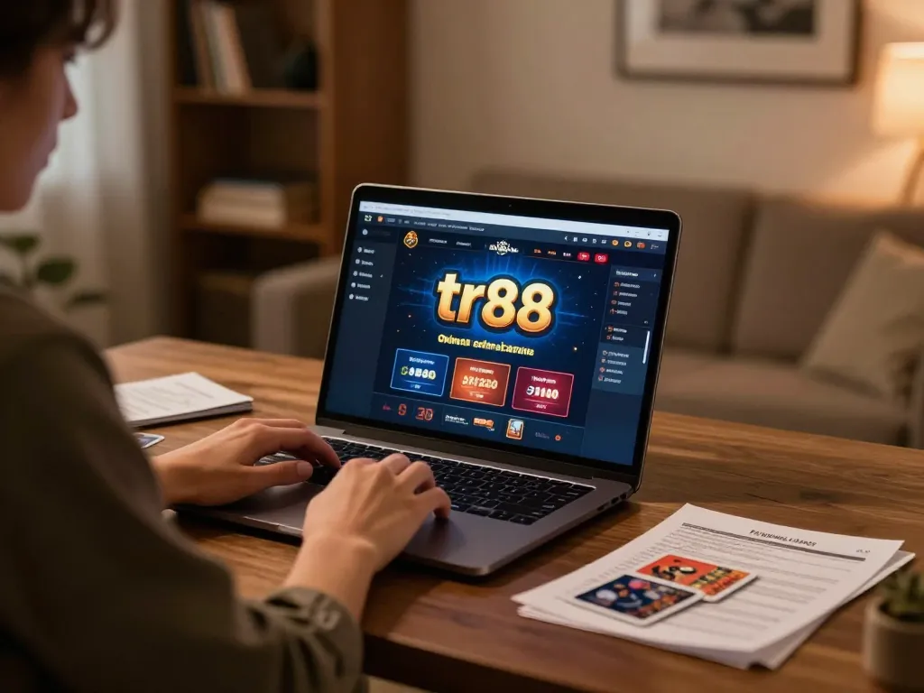Engaging with tr88 casino platform on a laptop in a cozy home setting