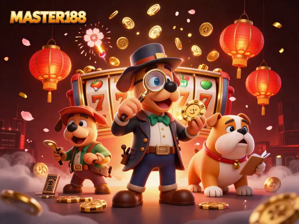 Engage in the excitement of MASTER188, with a detective examining a golden poker chip amid animated slot reels and festive elements.