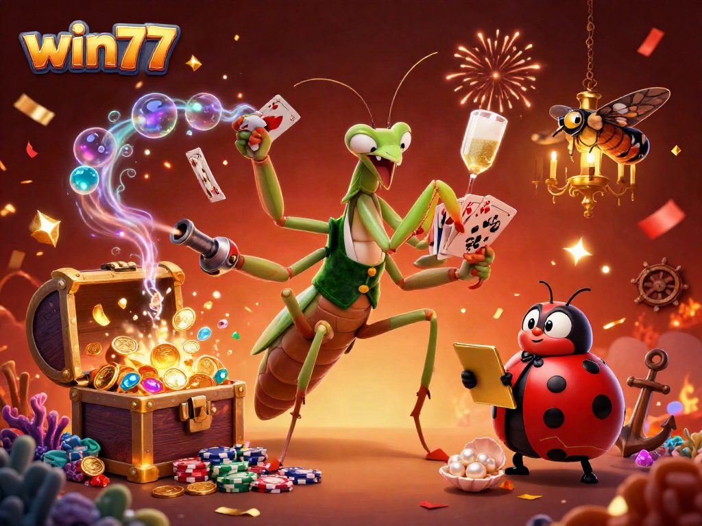 Melihat kemenangan di win77 dengan karakter kasino 3D dan elemen permainan yang menarik.