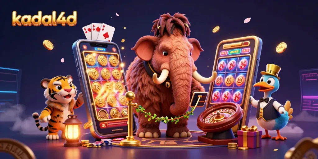 Engage with kadal4d through vibrant animated slots, golden coins, and dynamic casino characters.