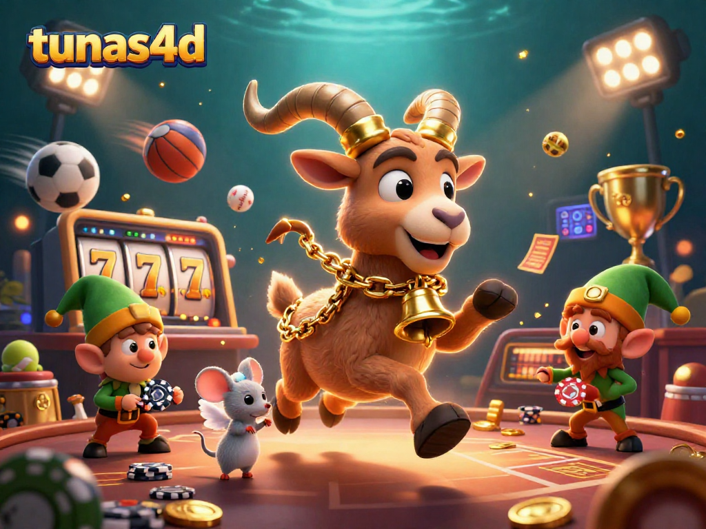 Tunas4d casino illustration shows Krampus goat and elf gremlins engaging in a festive gambling scene.