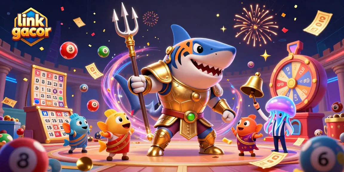 Experience exhilarating wins with link gacor amidst an underwater colosseum's vibrant casino atmosphere featuring a tiger shark.