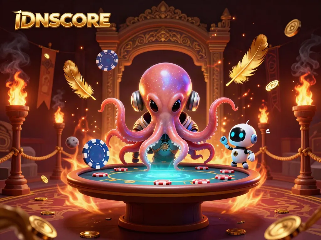 Experience the thrill of IDNSCORE through this dynamic illustration featuring an alien octopus at a poker table.