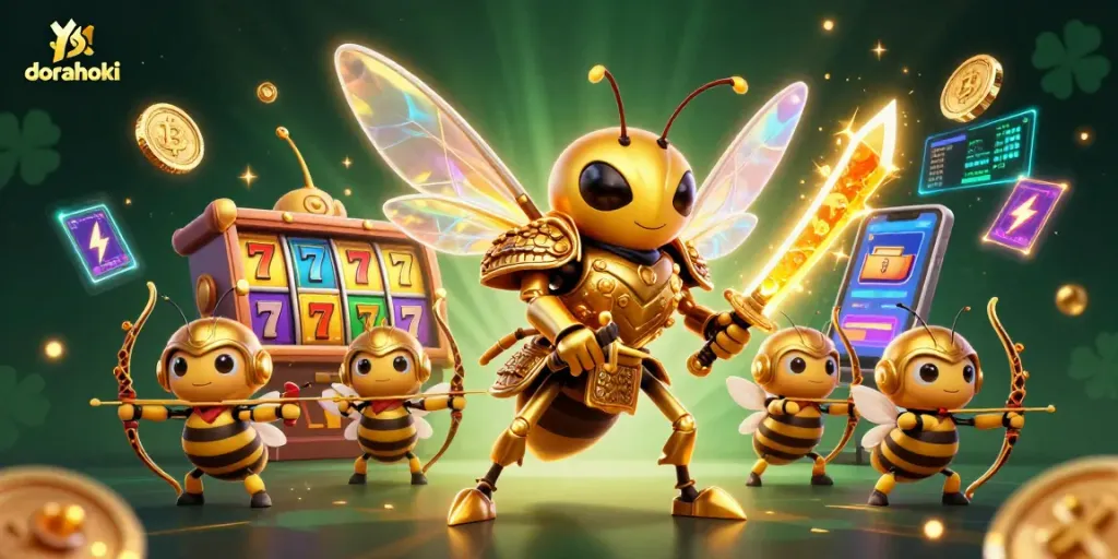Menangi di dorahoki dengan ilustrasi kasino 3D yang menampilkan hornet emas raksasa dalam armor samurai.