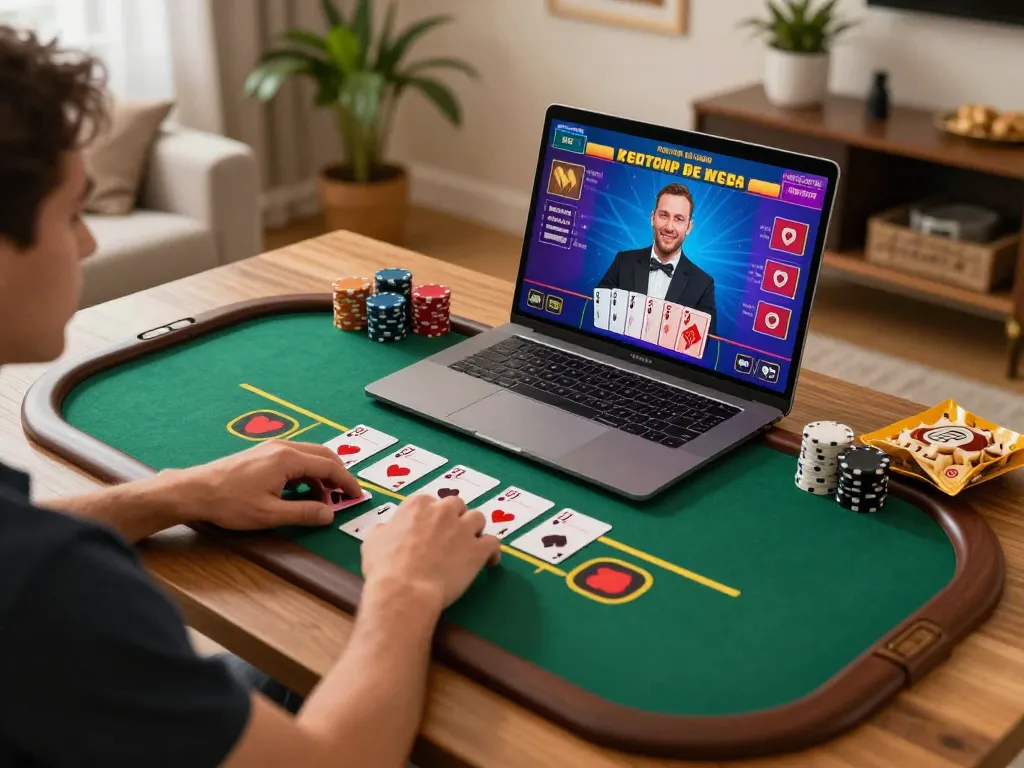 Person enjoying live blackjack on a laptop at home, showcasing 79king-vn online gaming