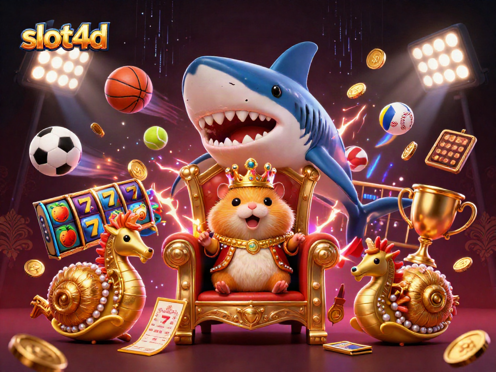 Engage with slot4d's vibrant illustration of a golden hamster king ruling amidst slot reels and trophies.