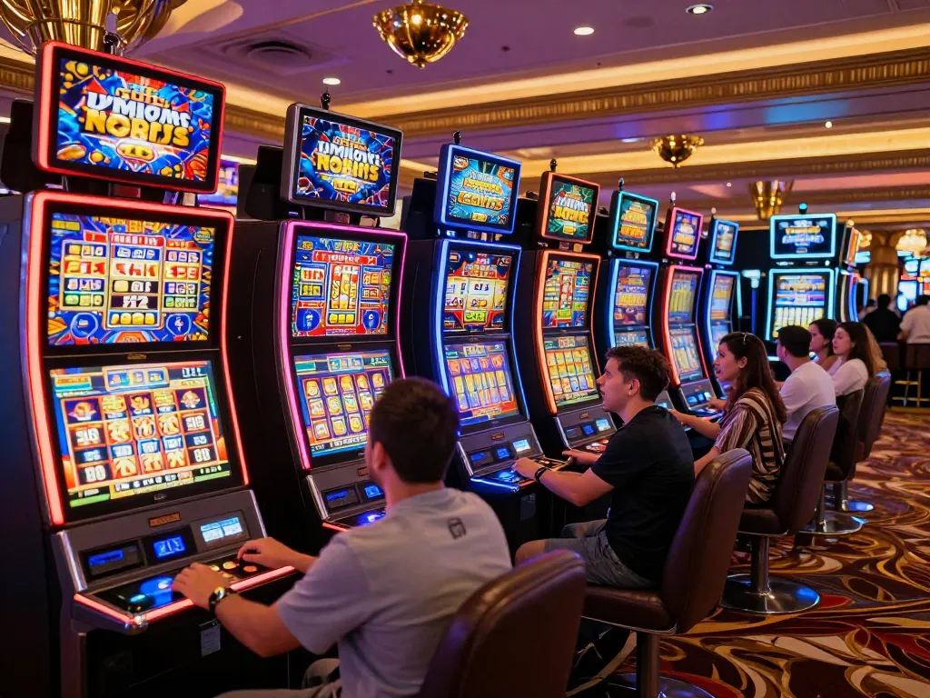 SATRIA123 players enjoying a vibrant atmosphere at slot machines, pressing spin buttons for big wins.
