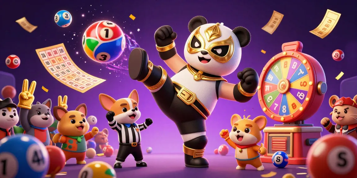Engage with kèo nhà cái hôm nay in a vibrant scene featuring a panda wrestler kicking while animals cheer with glittering lottery elements.