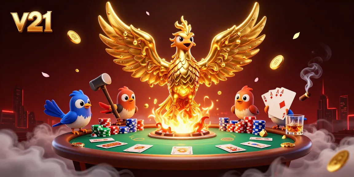 Aksi bermain poker di V21 dengan phoenix emas dan koin mengalir dari sayapnya, dikelilingi chip poker