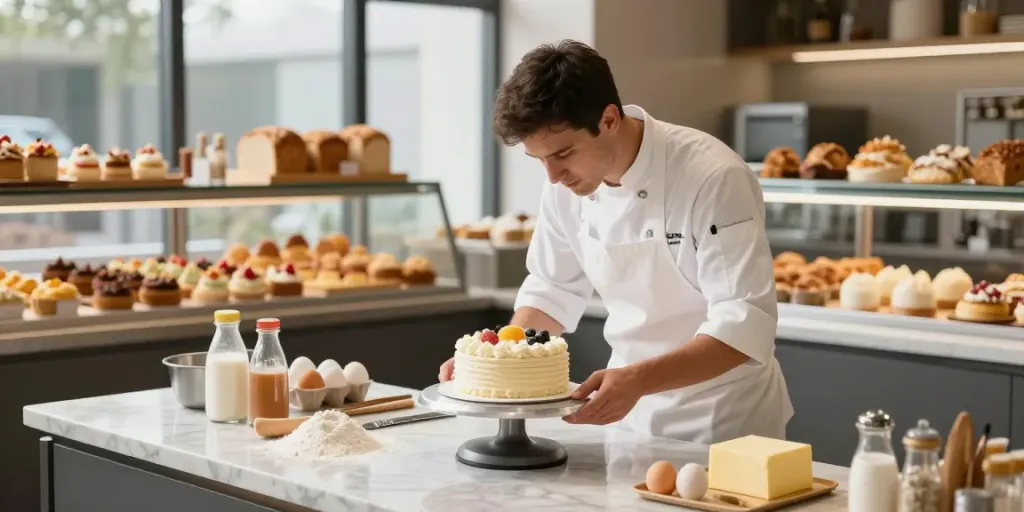 Artisan baker creating a cake at www.torinobaking.com with fresh ingredients.