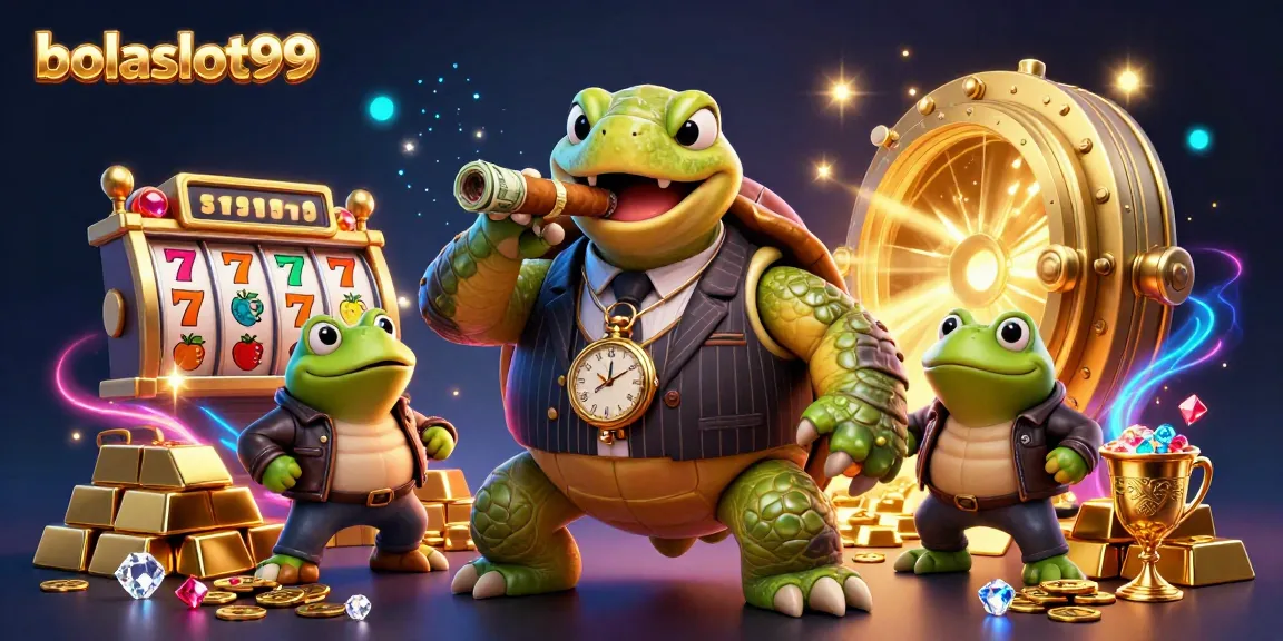 BolaSlot99 showcases a cartoon turtle mobster amidst dazzling casino elements and slot reels.