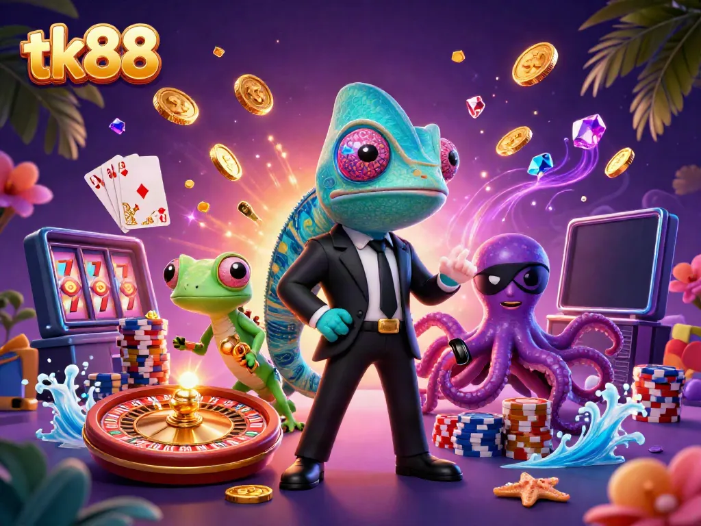 Experience the thrill of tk88 with our vibrant 3D casino scene featuring colorful characters and dynamic gaming elements.
